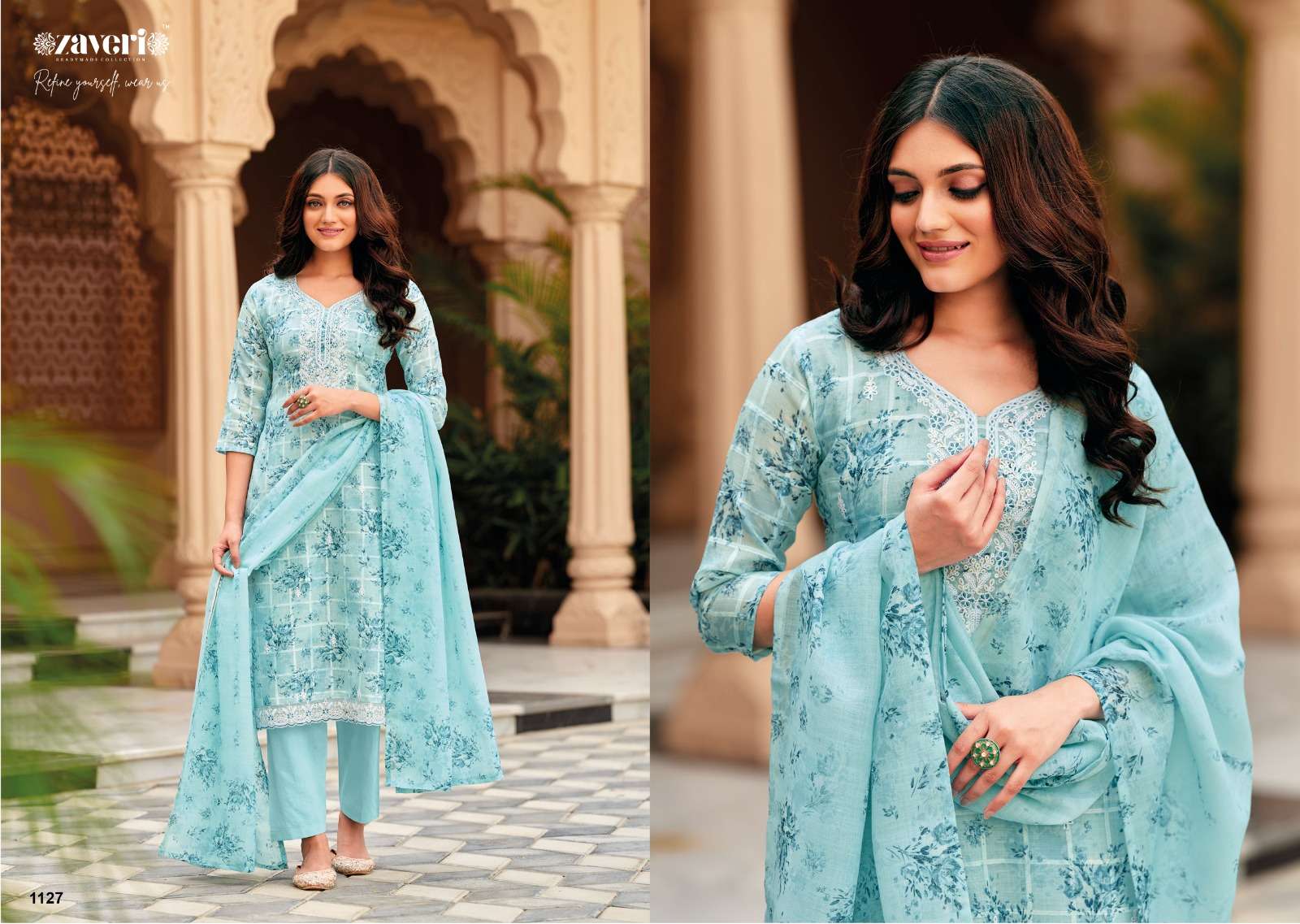 UNICORN HEAVY LILEN EMBOIDERY WORK KURTI WITH CHANDERI COTTON PANT AND DUPATTA BY ZAVERI BRAND 1127 C